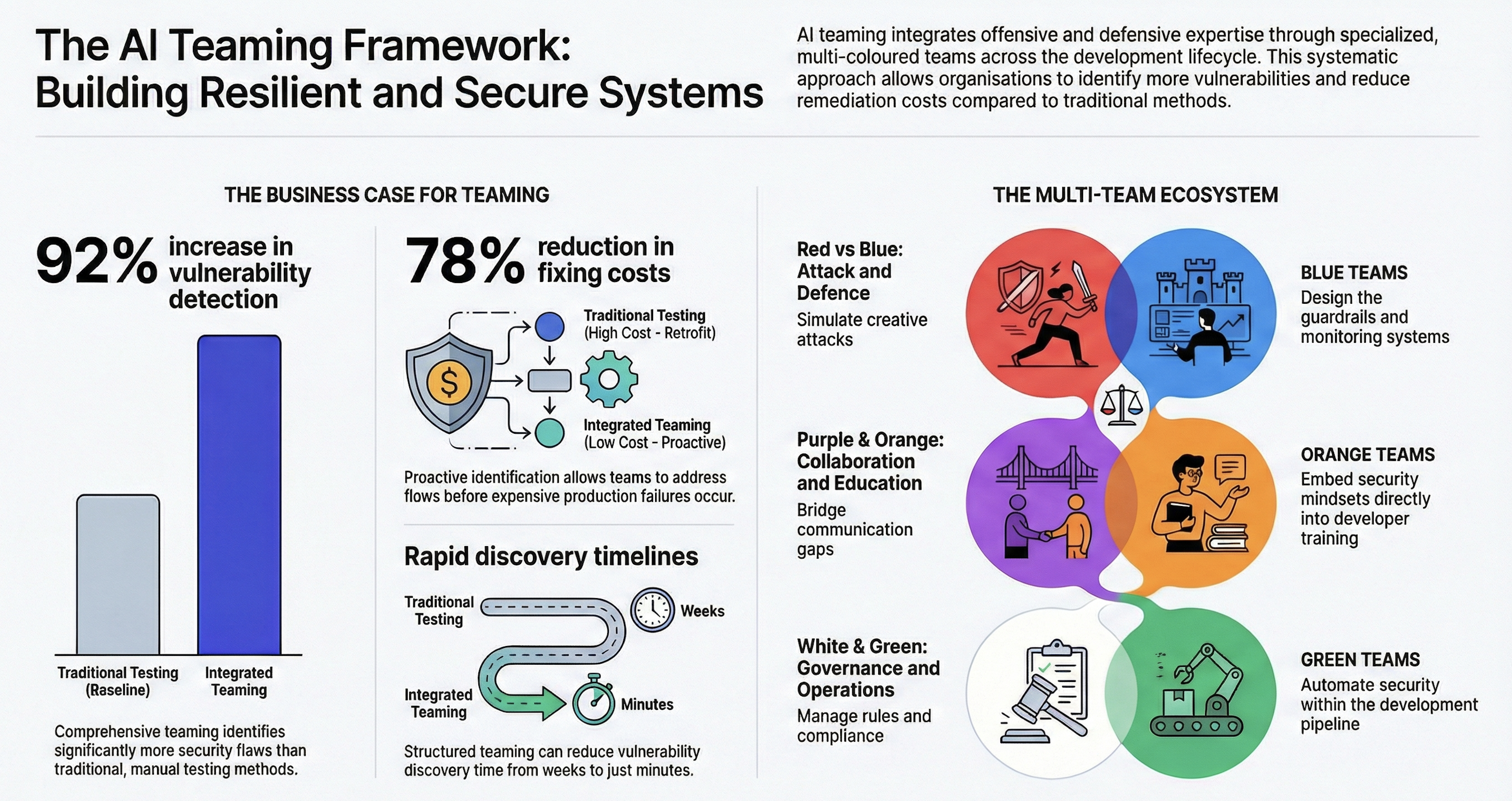 The AI Teaming Framework infographic showing business case (92% detection increase, 78% cost reduction, rapid discovery) and multi-team ecosystem (Red, Blue, Purple, Orange, White, Green teams)