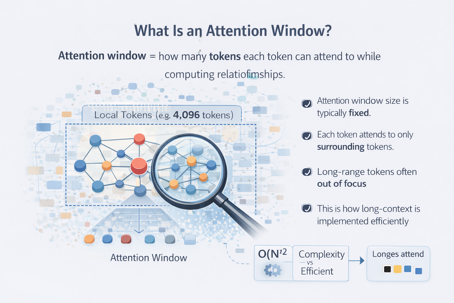 Diagram showing attention relationships between tokens and why full attention scales quadratically.