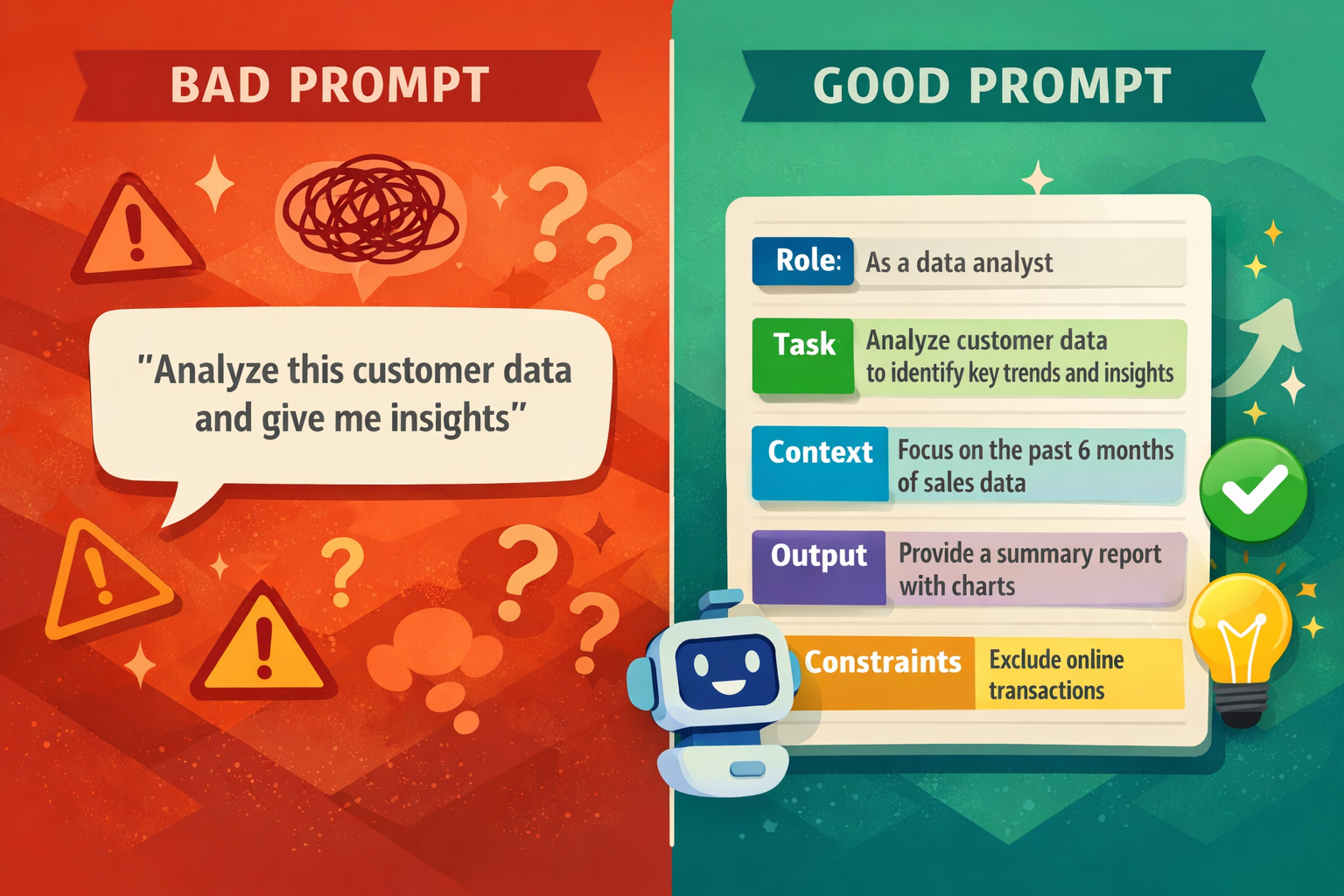 Side-by-side comparison showing vague prompts vs detailed, structured prompts with context and constraints