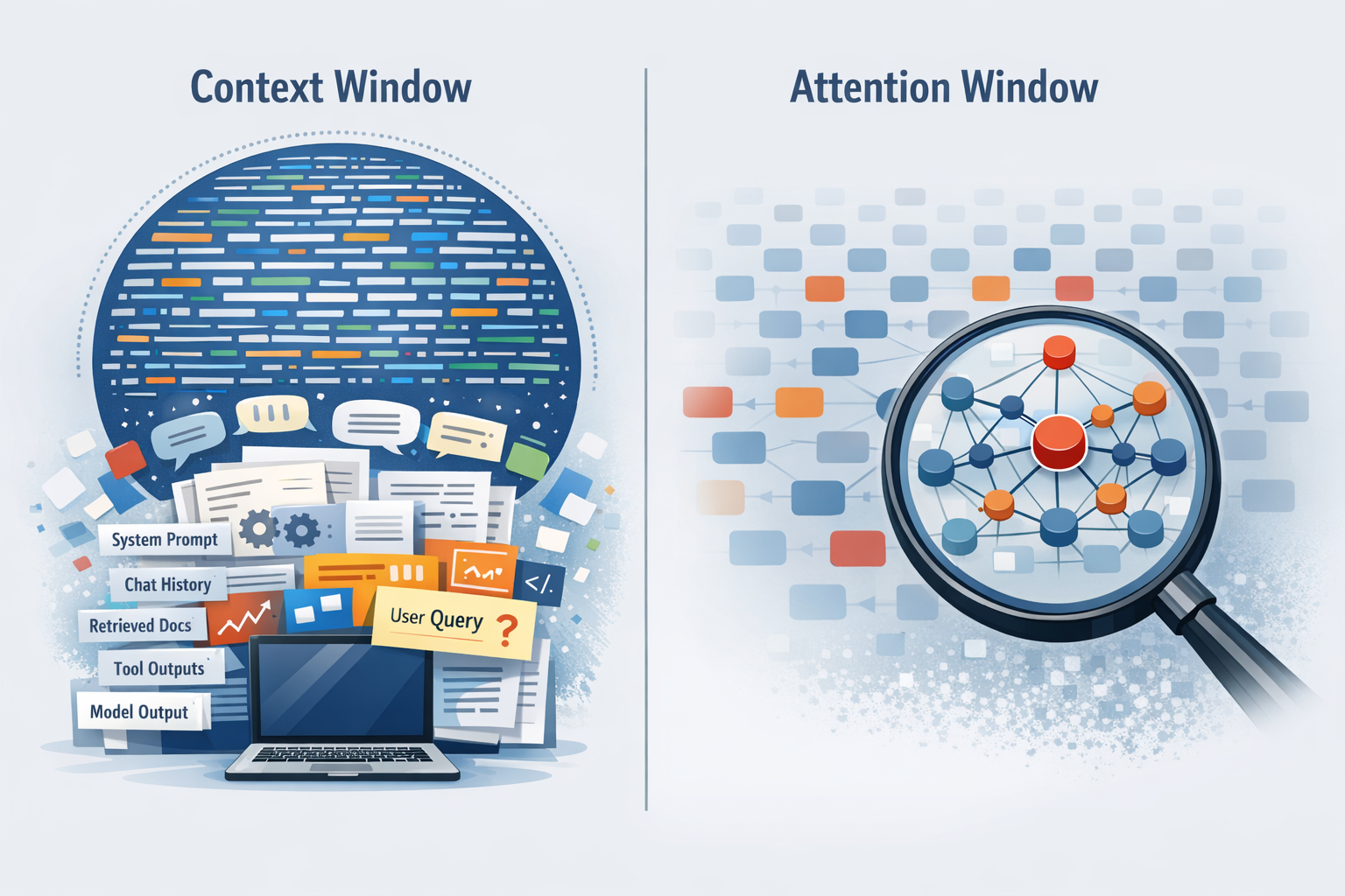 Comparison diagram contrasting context window capacity and effective attention behavior in long-context models.