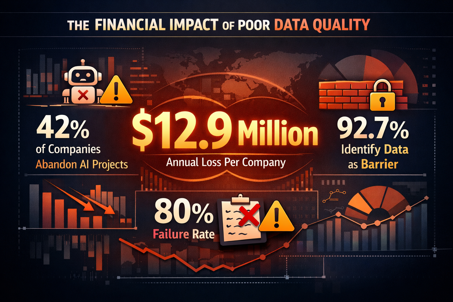 Infographic showing $12.9 million annual cost of poor data quality and AI project failure statistics